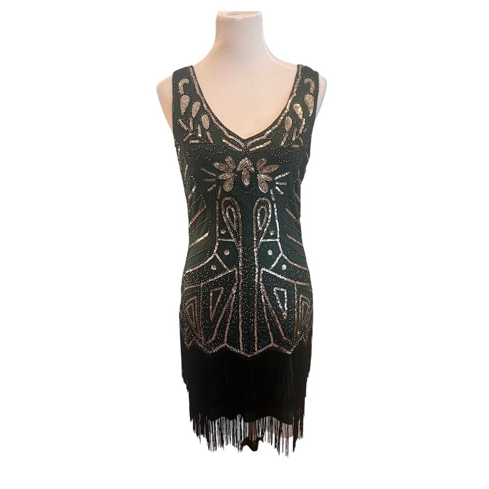 Babeyond Womens Dark Green Gold Sequin Fringe Flapper Dress Art Deco 1920s Small